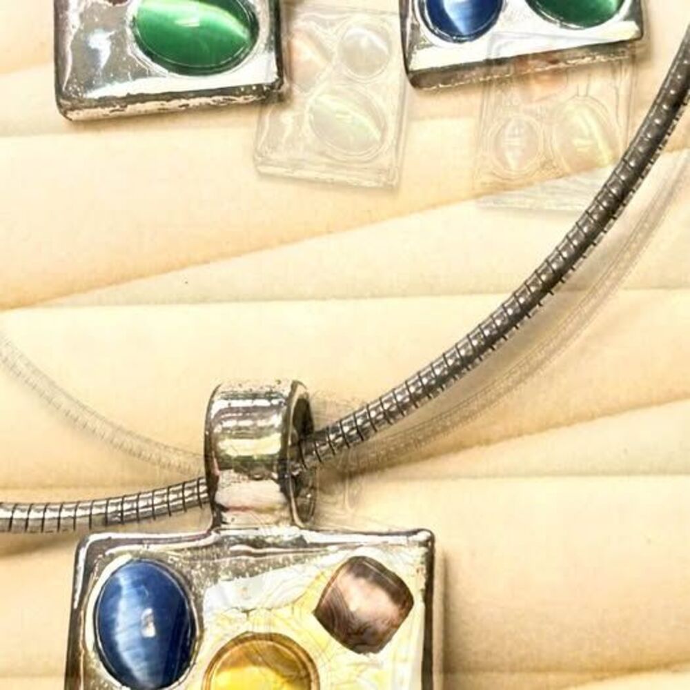 Multi-Color Cat's Eye Necklace and Earring Set | Vintage Square High Polished Si
